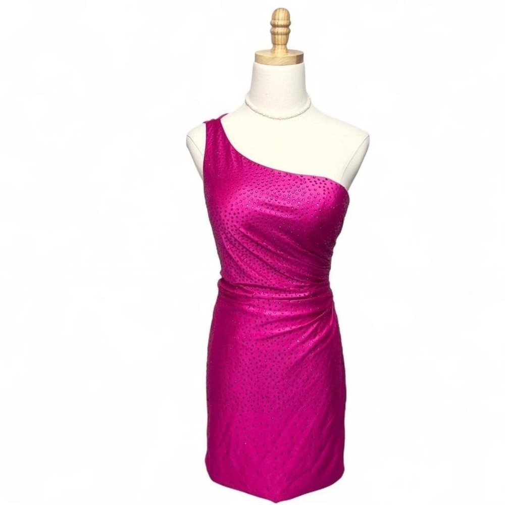 Kiss Prom Pink Sequin Mini Dress Homecoming‎ One Shoulder Rhinestone Party